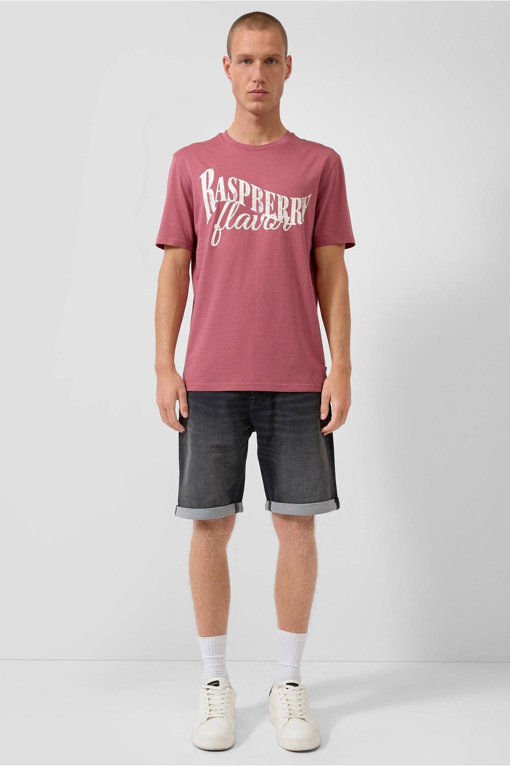 Roze heren QS regular T-shirt van katoen met printopdruk, korte mouwen en ronde hals