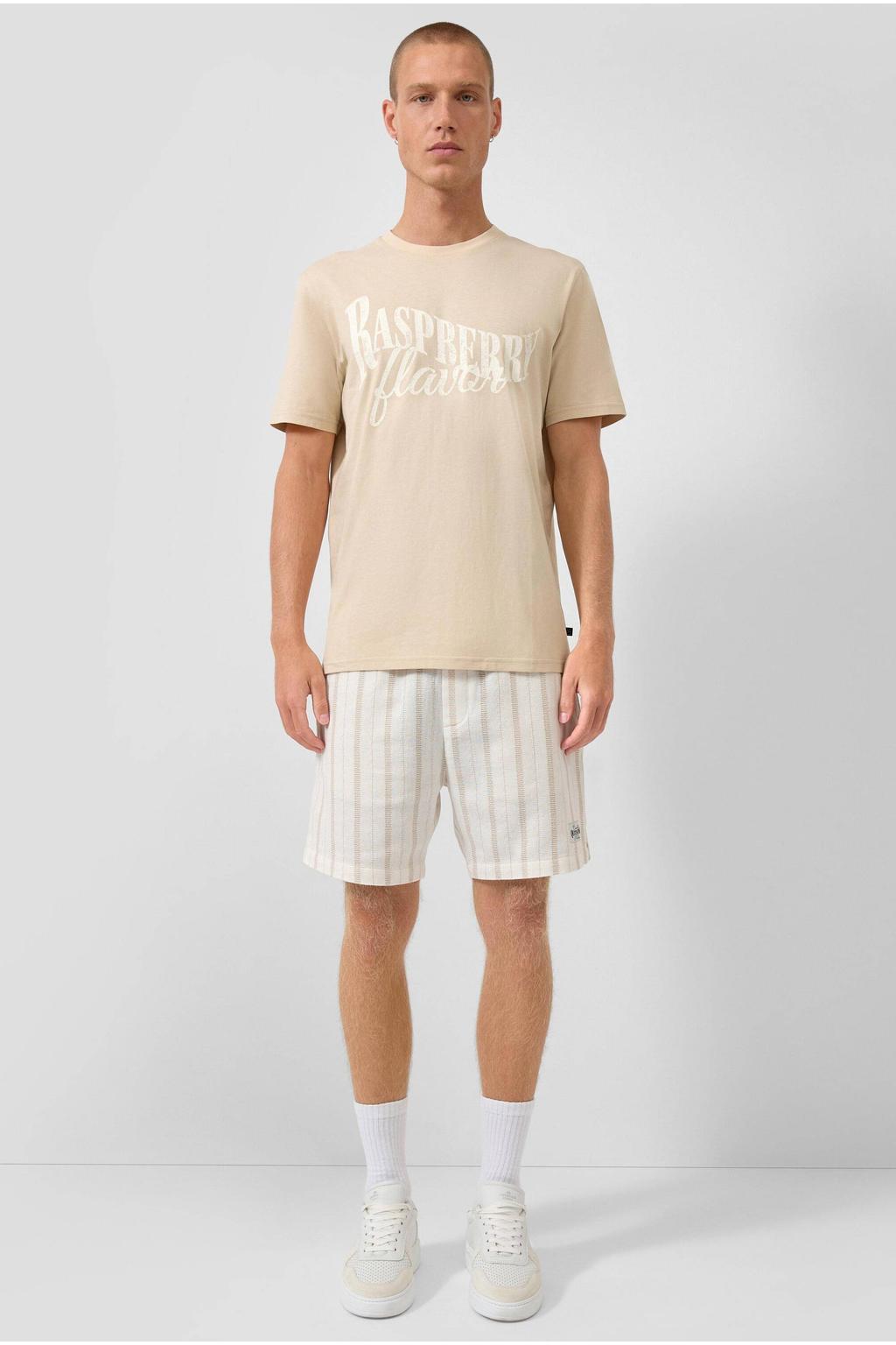 Beige heren QS regular T-shirt van katoen met printopdruk, korte mouwen en ronde hals