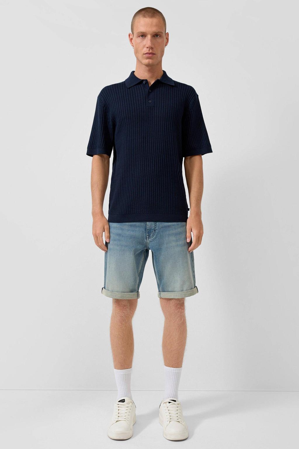 Donkerblauwe heren QS relaxed polo van linnen met effen, korte mouwen en knoopsluiting