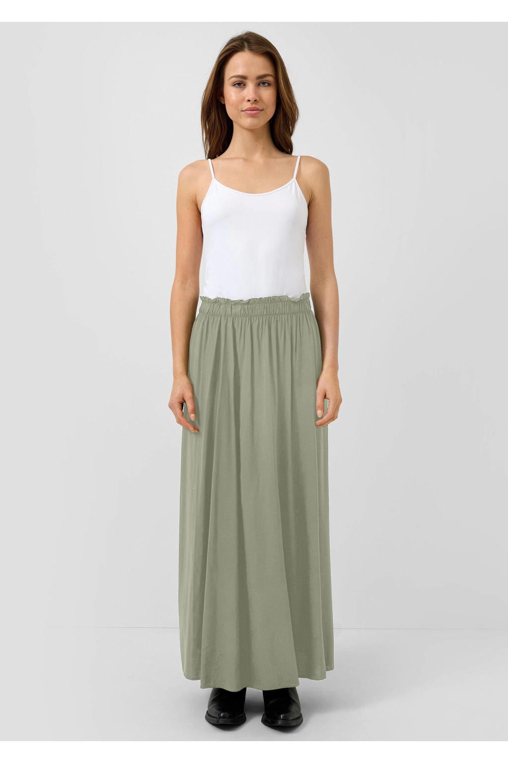 Kakikleurige dames QS maxi rok gemaakt van viscose en met elastische tailleband