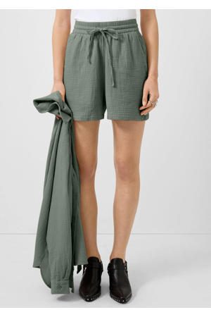 straight high waist casual short met textuur donkergroen