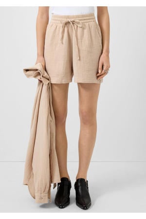 straight high waist casual short met textuur beige