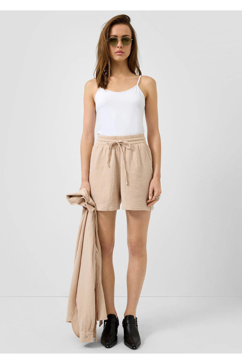 Beige dames QS straight high waist casual short van katoen met elastische tailleband met koord en effen
