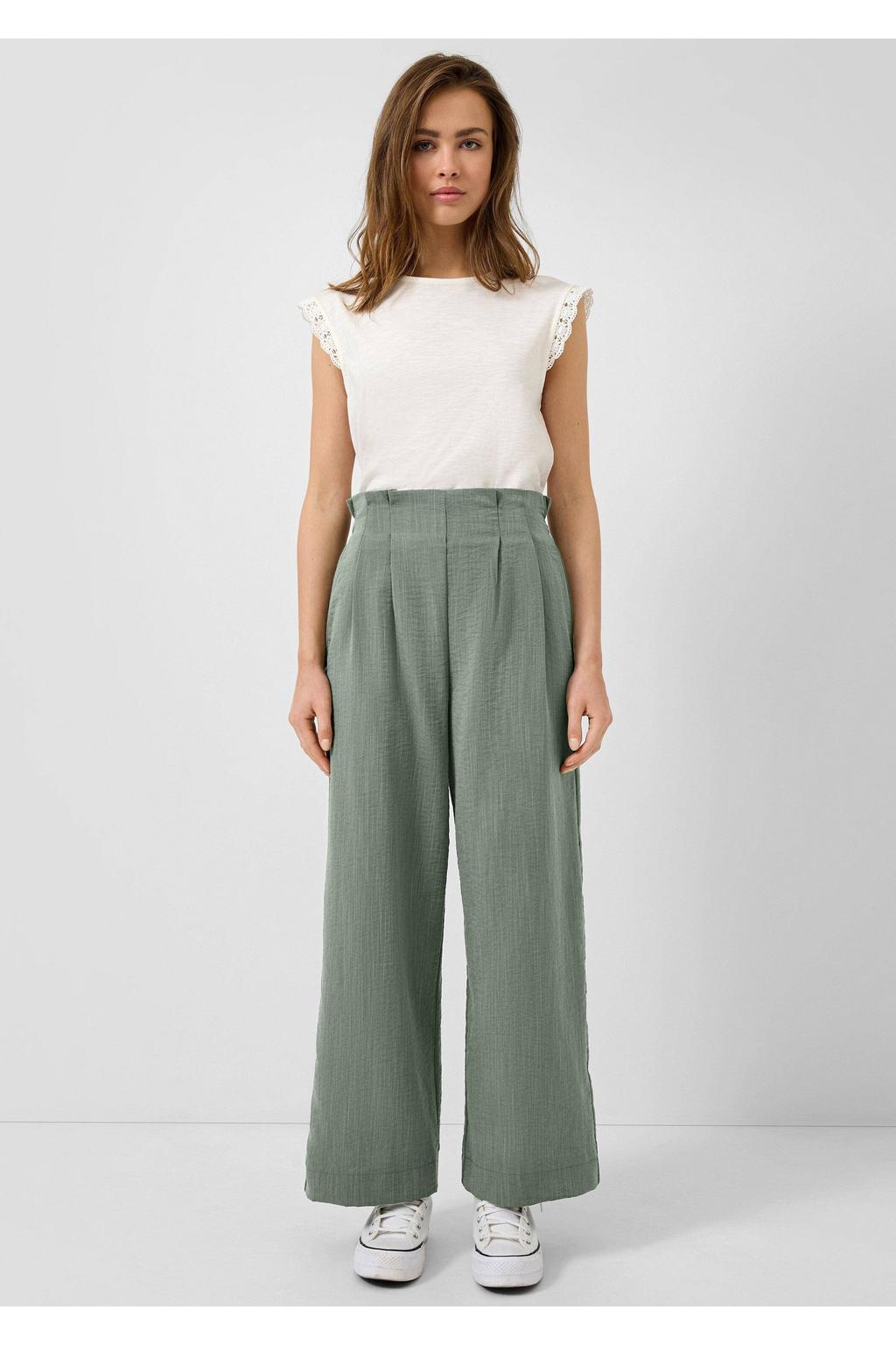Kakikleurige dames QS wide leg regular waist broek van viscose met effen