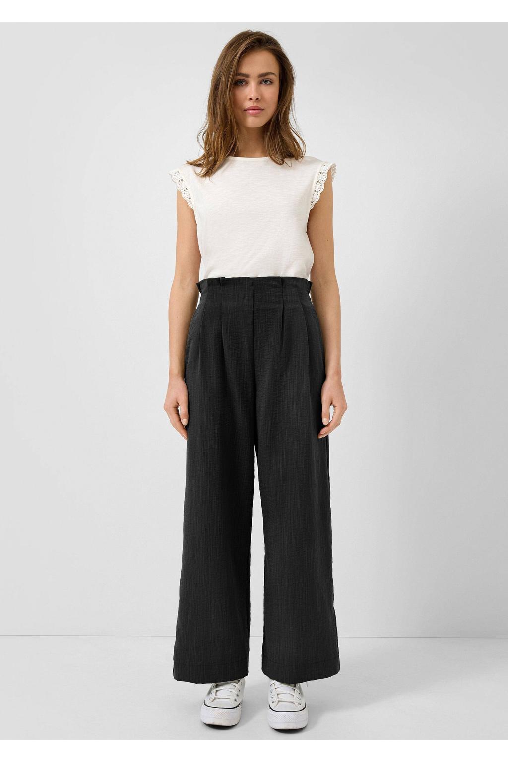 Zwarte dames QS wide leg regular waist broek van viscose met effen