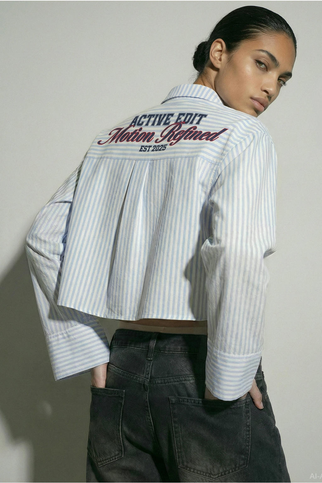 Lichtblauw en witte dames HYPEDROP gestreepte blouse van katoen met backprint, lange mouwen, klassieke kraag en knoopsluiting