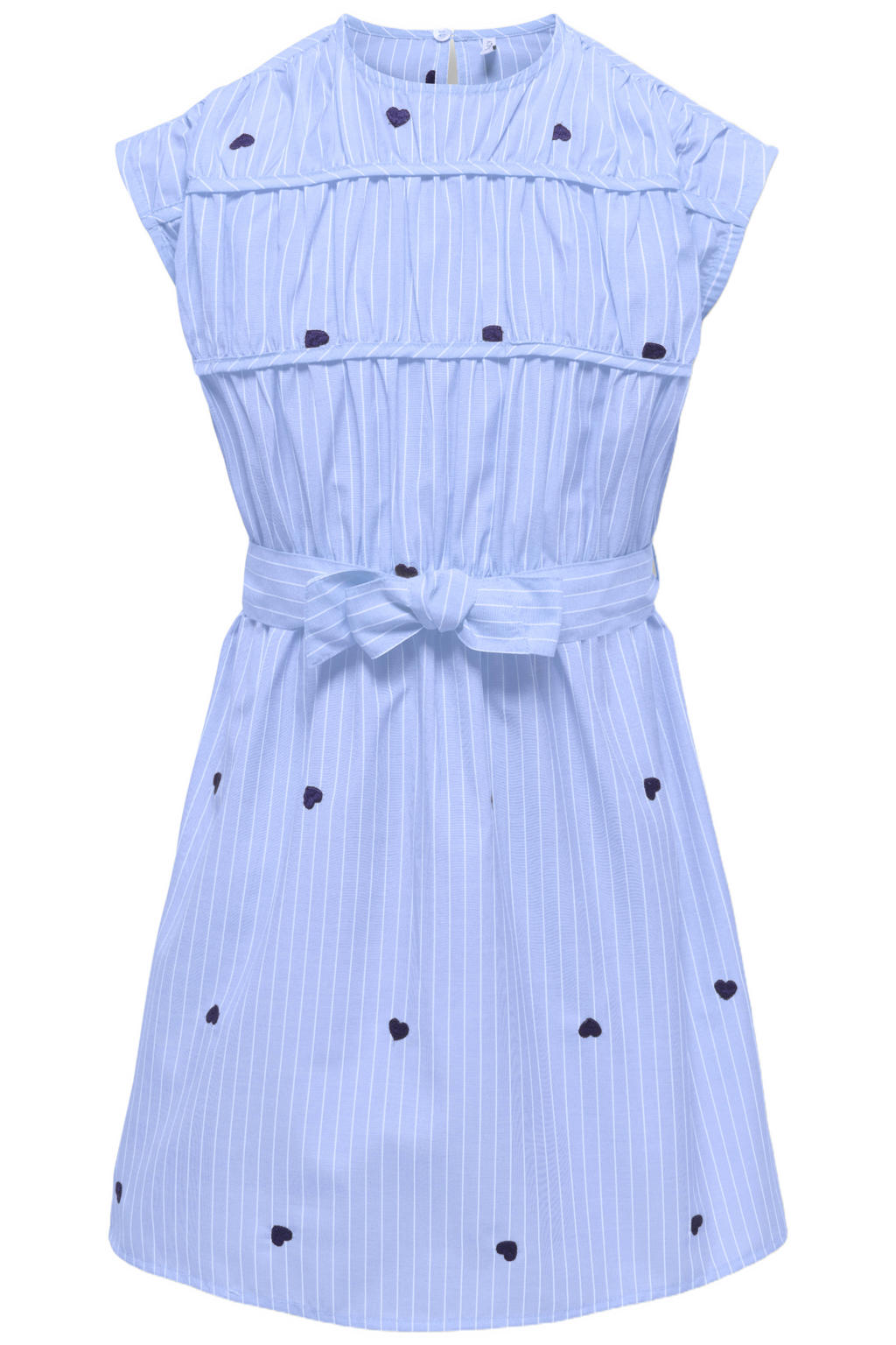 Lichtblauwe meisjes KIDS ONLY GIRL gestreepte korte jurk van polyester met hartjesprint, ronde hals en knoopsluiting