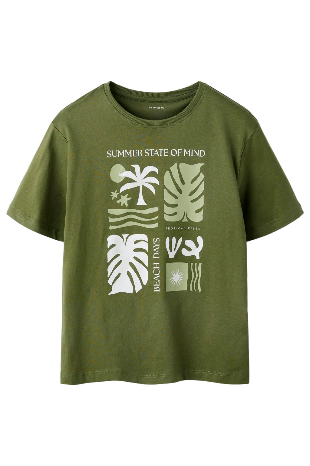 Olijfgroene jongens NAME IT KIDS T-shirt van katoen met printopdruk, korte mouwen en ronde hals