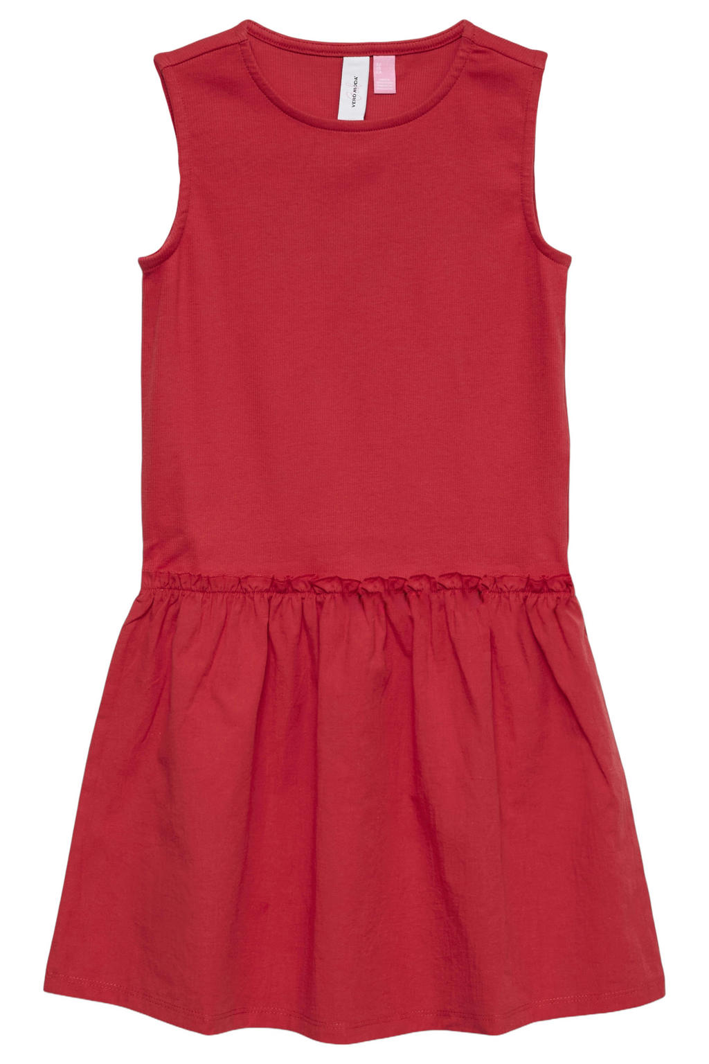 Rode meisjes VERO MODA GIRL zomerjurk van stretchkatoen met effen en ronde hals