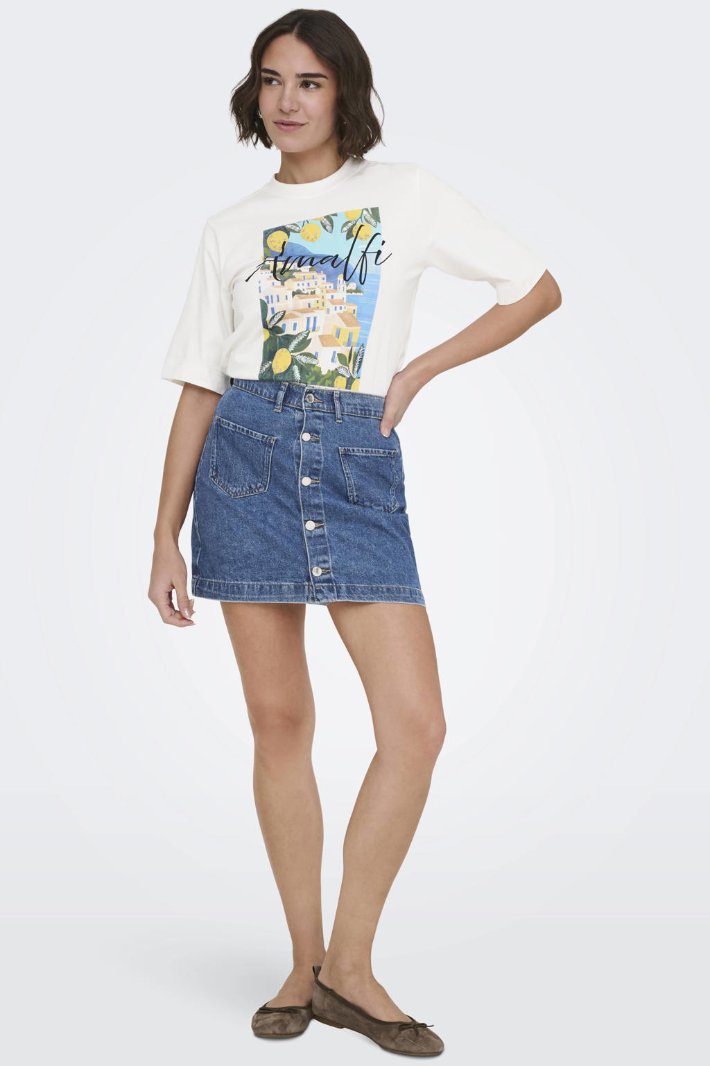 Ecru dames ONLY T-shirt van katoen met grafische print, korte mouwen en ronde hals
