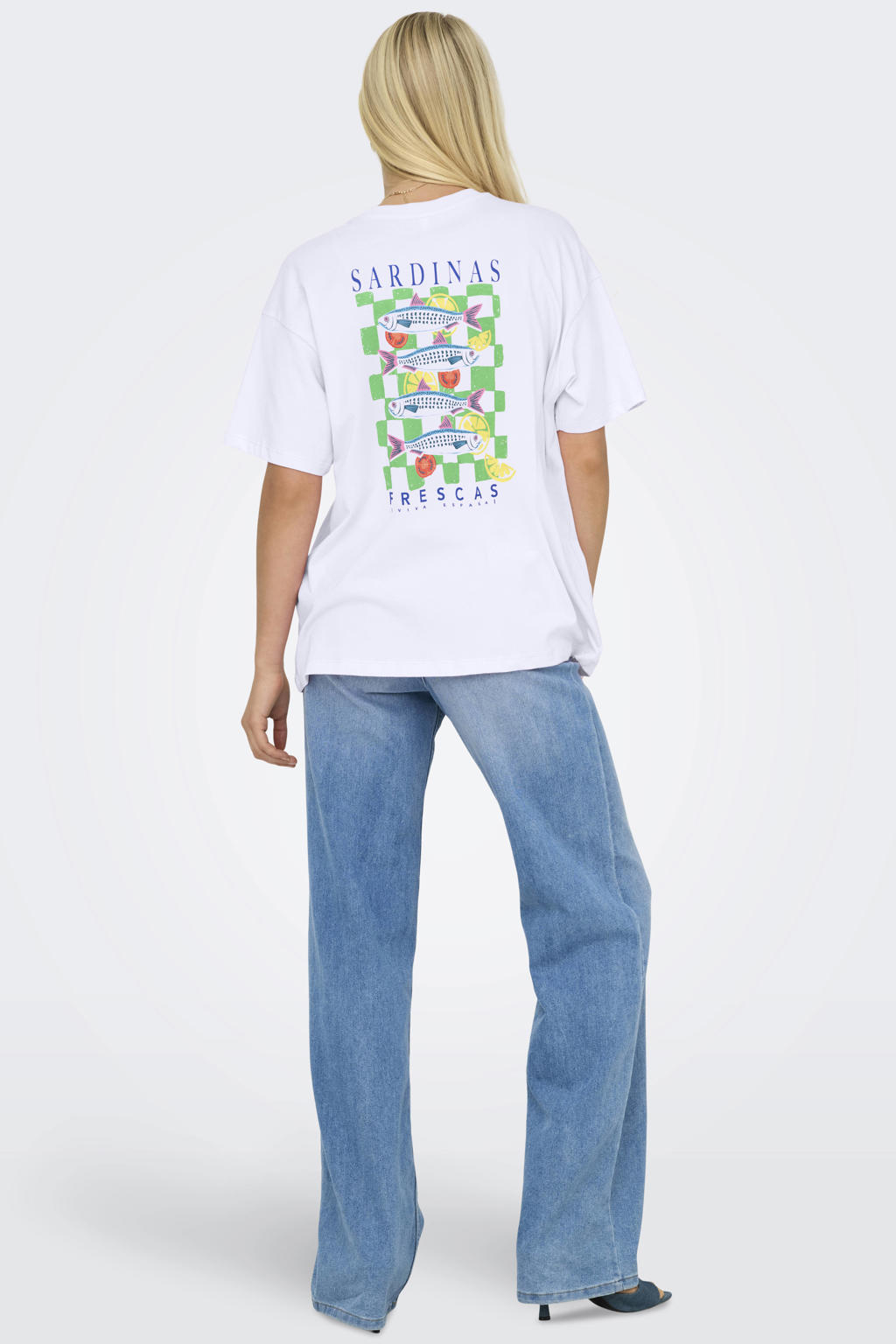 Witte dames ONLY T-shirt van katoen met printopdruk, korte mouwen en ronde hals