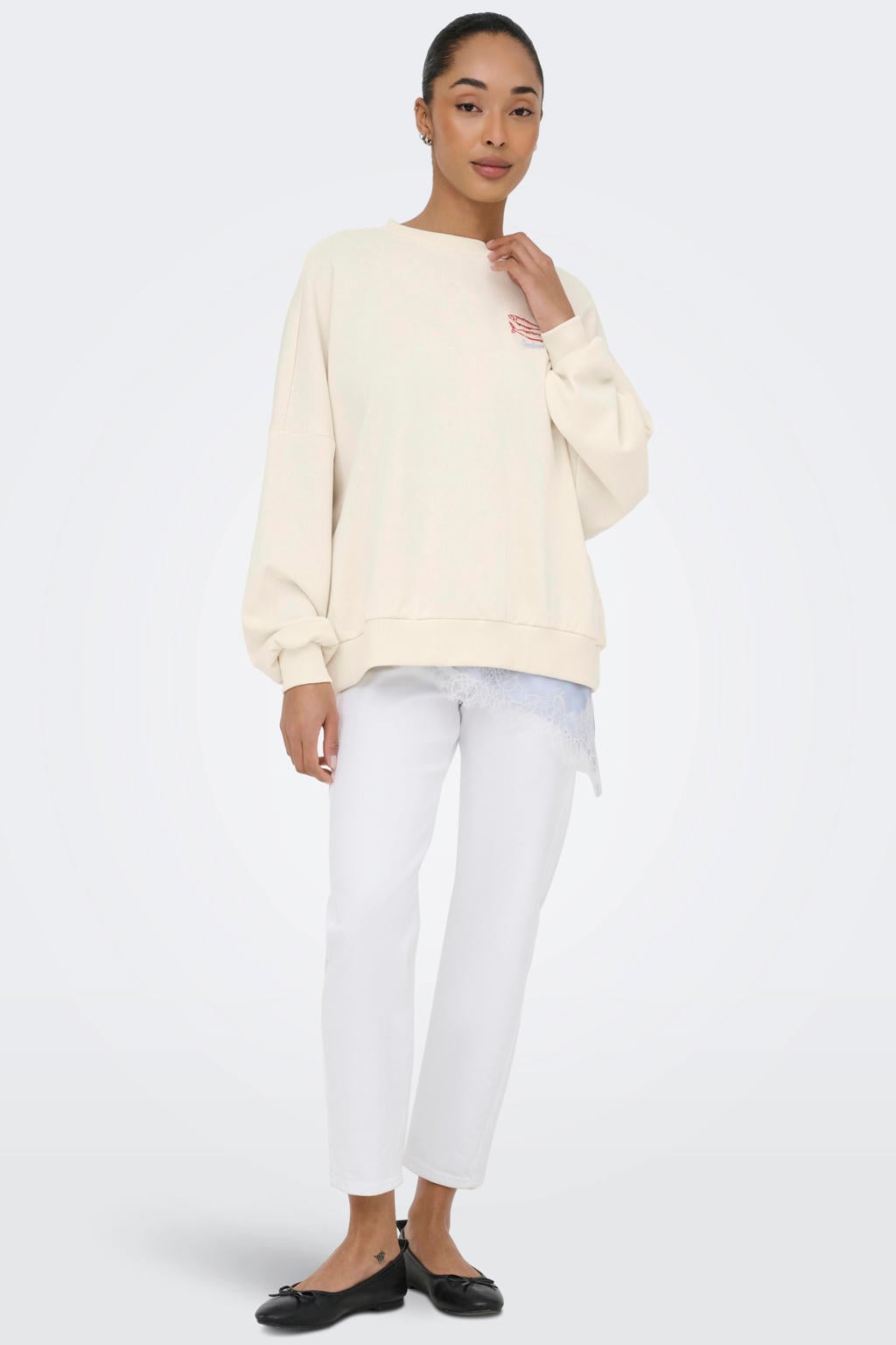 Beige, blauw en rode dames ONLY sweater met printopdruk, lange mouwen en ronde hals
