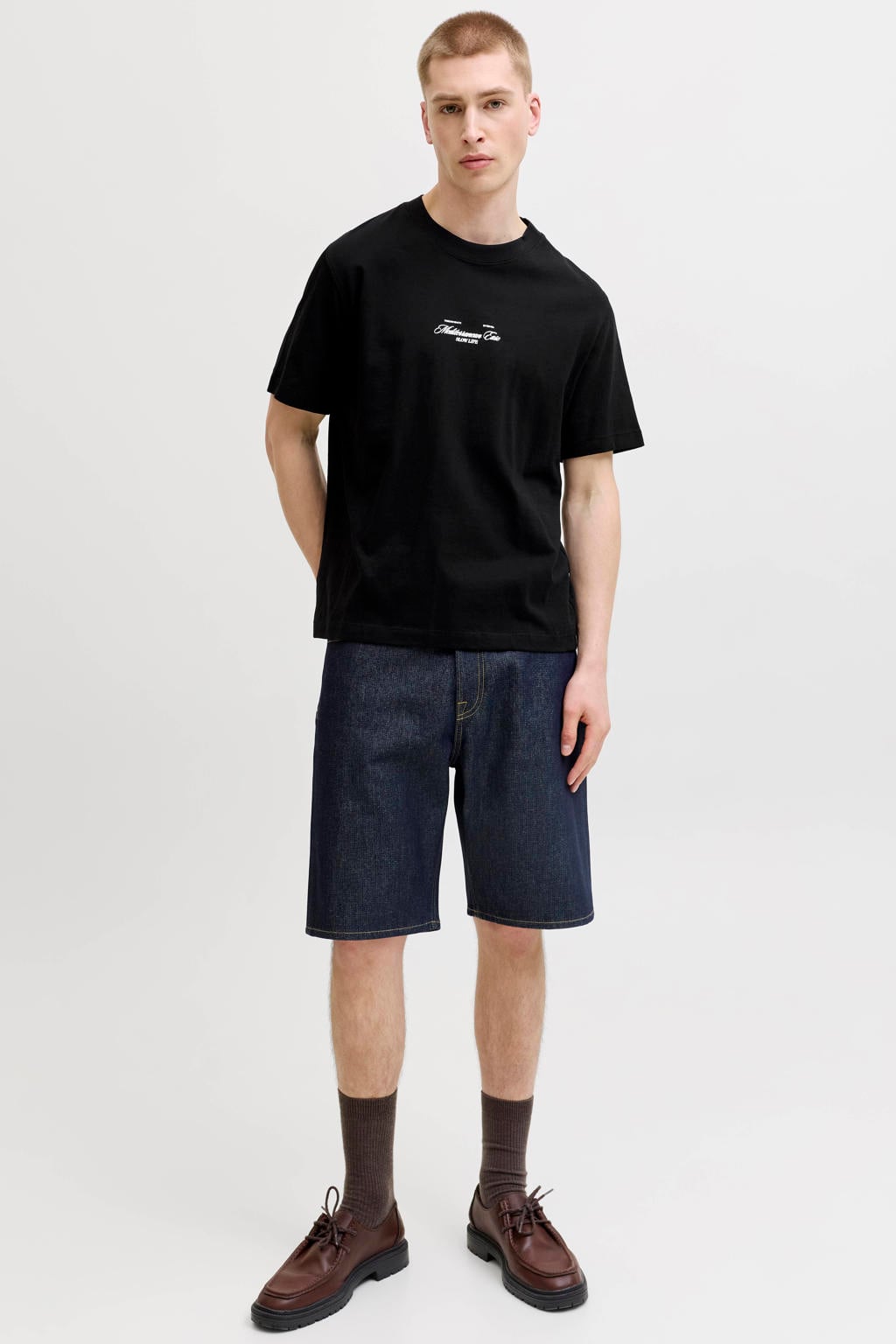 Zwarte heren JACK & JONES ORIGINALS relaxed T-shirt van katoen met backprint, korte mouwen en ronde hals