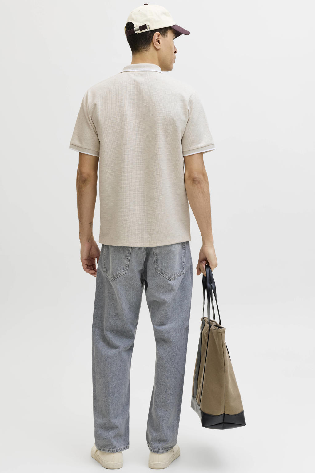Beige heren JACK & JONES ESSENTIALS regular polo met melée print, korte mouwen, knoopsluiting en borduursels