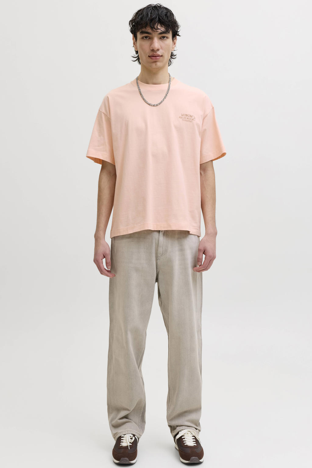 Roze heren JACK & JONES ORIGINALS relaxed T-shirt van katoen met backprint, korte mouwen en ronde hals