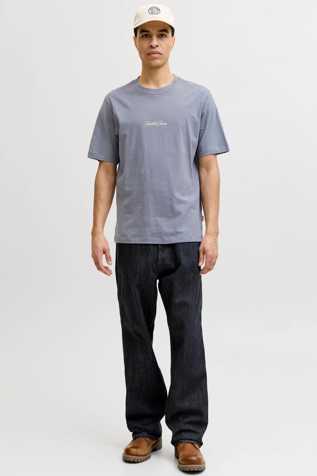 Paarse heren JACK & JONES ORIGINALS regular T-shirt van katoen met backprint, korte mouwen en ronde hals