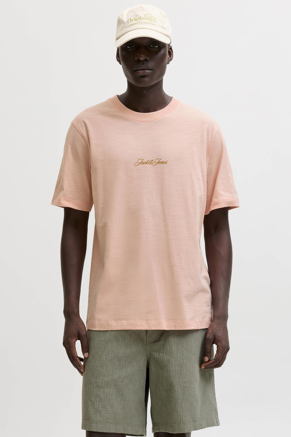 Lichtroze heren JACK & JONES ORIGINALS regular T-shirt van katoen met backprint, korte mouwen en ronde hals