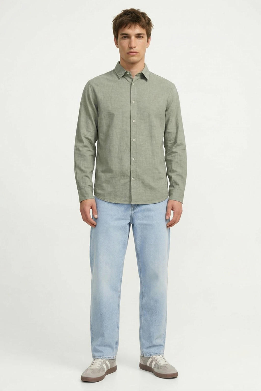 Groene heren JACK & JONES ESSENTIALS regular casual overhemd van linnen met effen, lange mouwen, klassieke kraag en knoopsluiting