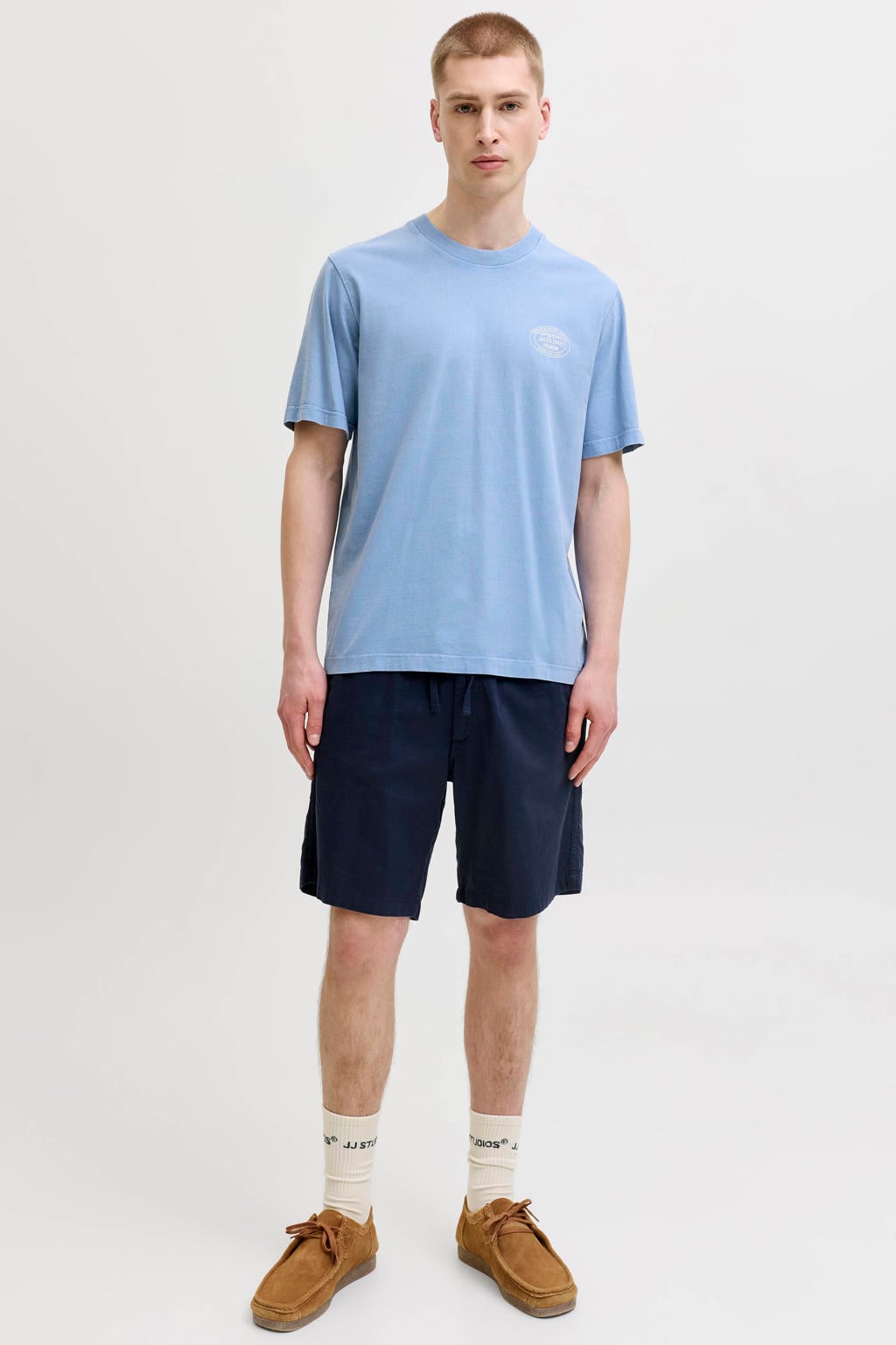 Blauwe heren JACK & JONES PREMIUM relaxed T-shirt van katoen met effen, korte mouwen en ronde hals