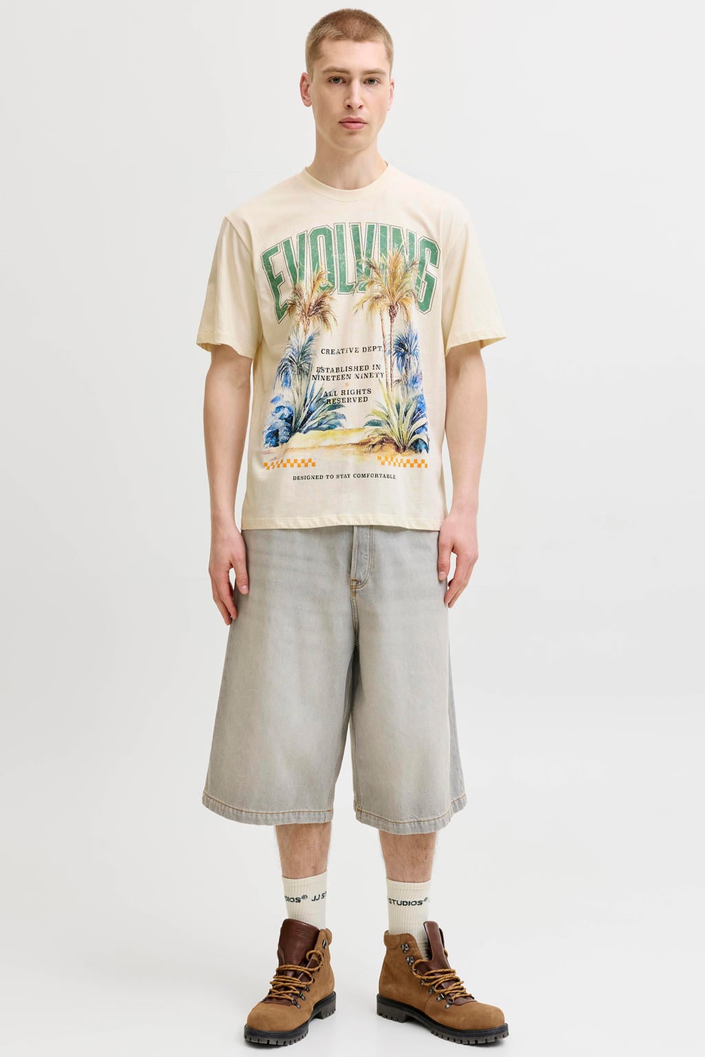Beige heren JACK & JONES ORIGINALS relaxed T-shirt van katoen met printopdruk, korte mouwen en ronde hals