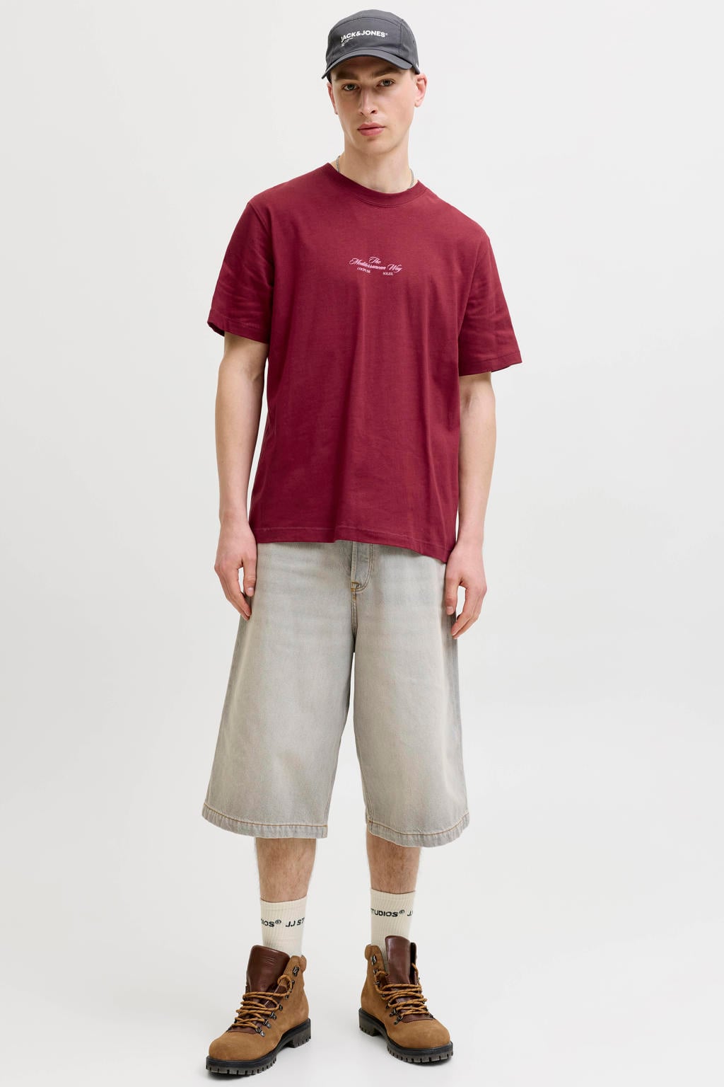 Donkerrode heren JACK & JONES ORIGINALS relaxed T-shirt van katoen met backprint, korte mouwen en ronde hals