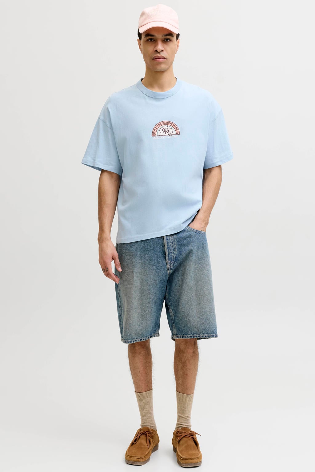Lichtblauwe heren JACK & JONES ORIGINALS relaxed T-shirt van katoen met printopdruk, korte mouwen en ronde hals