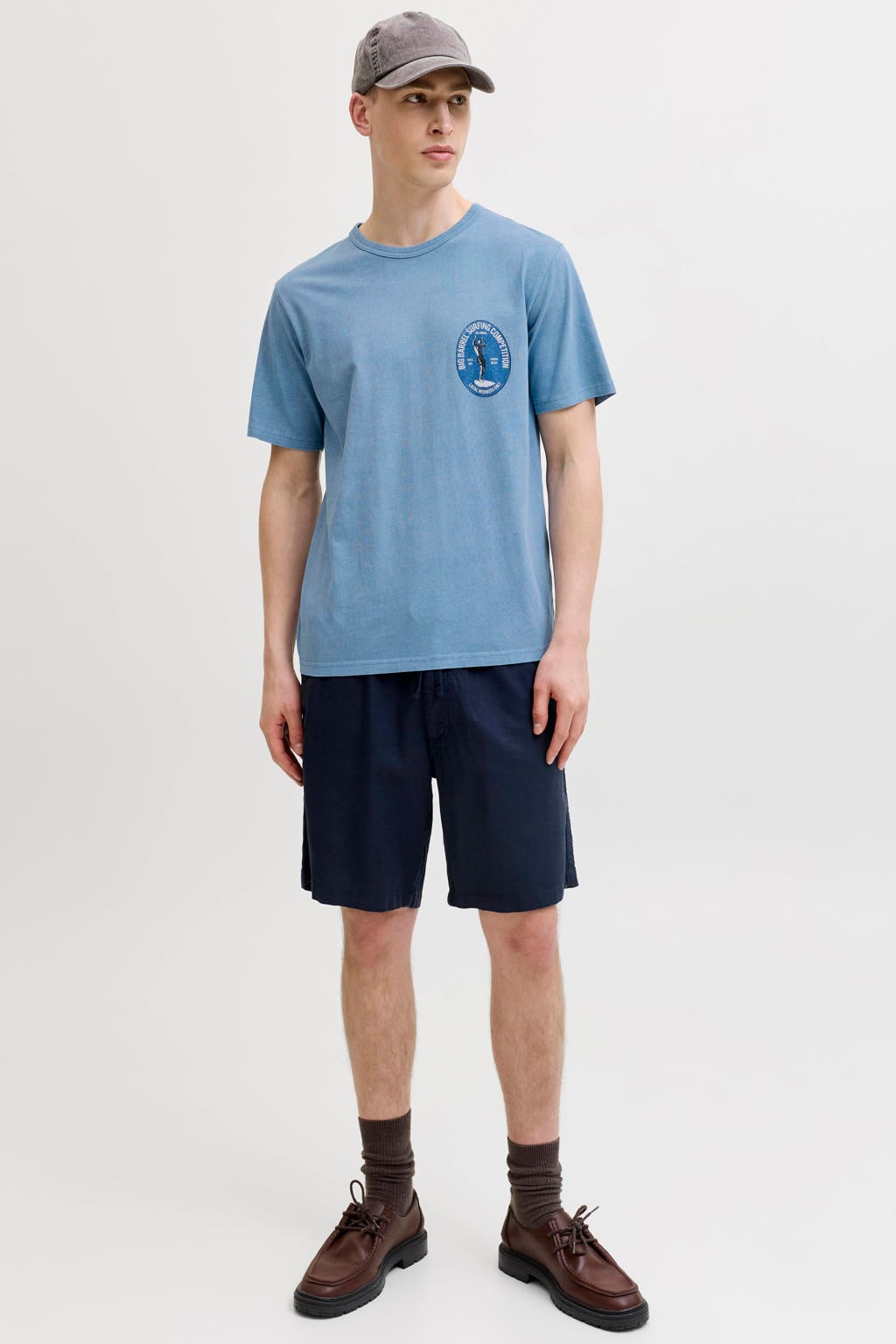 Blauwe heren JACK & JONES PREMIUM regular T-shirt van katoen met backprint, korte mouwen en ronde hals