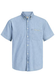 thumbnail: Light blue denim heren JACK & JONES ORIGINALS relaxed casual overhemd van denim met effen, korte mouwen, button down sluiting, knoopsluiting en borduursels