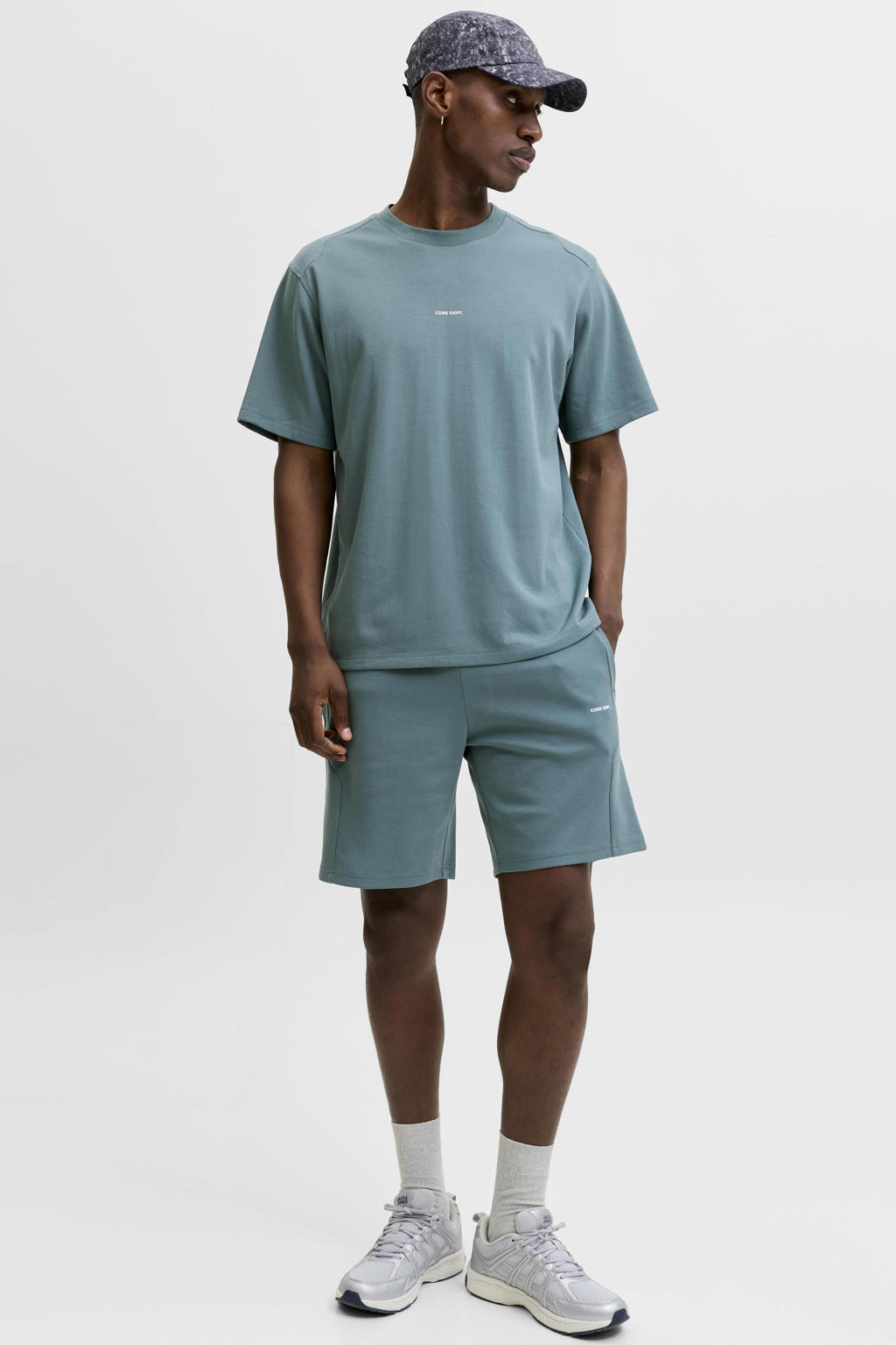 Blauwe heren JACK & JONES CORE relaxed T-shirt van polyester met effen, korte mouwen en ronde hals