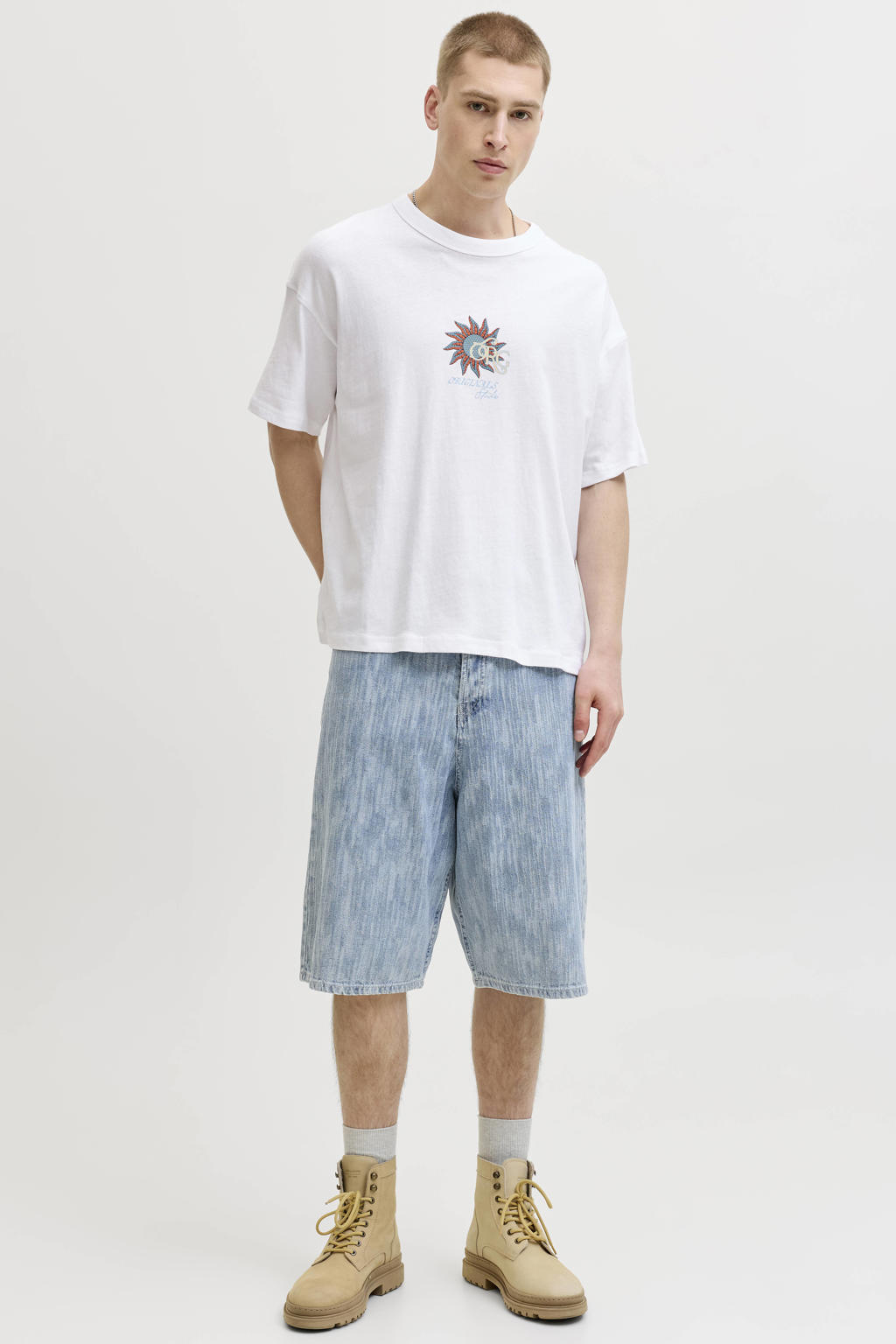 Witte heren JACK & JONES ORIGINALS relaxed T-shirt van katoen met printopdruk, korte mouwen en ronde hals