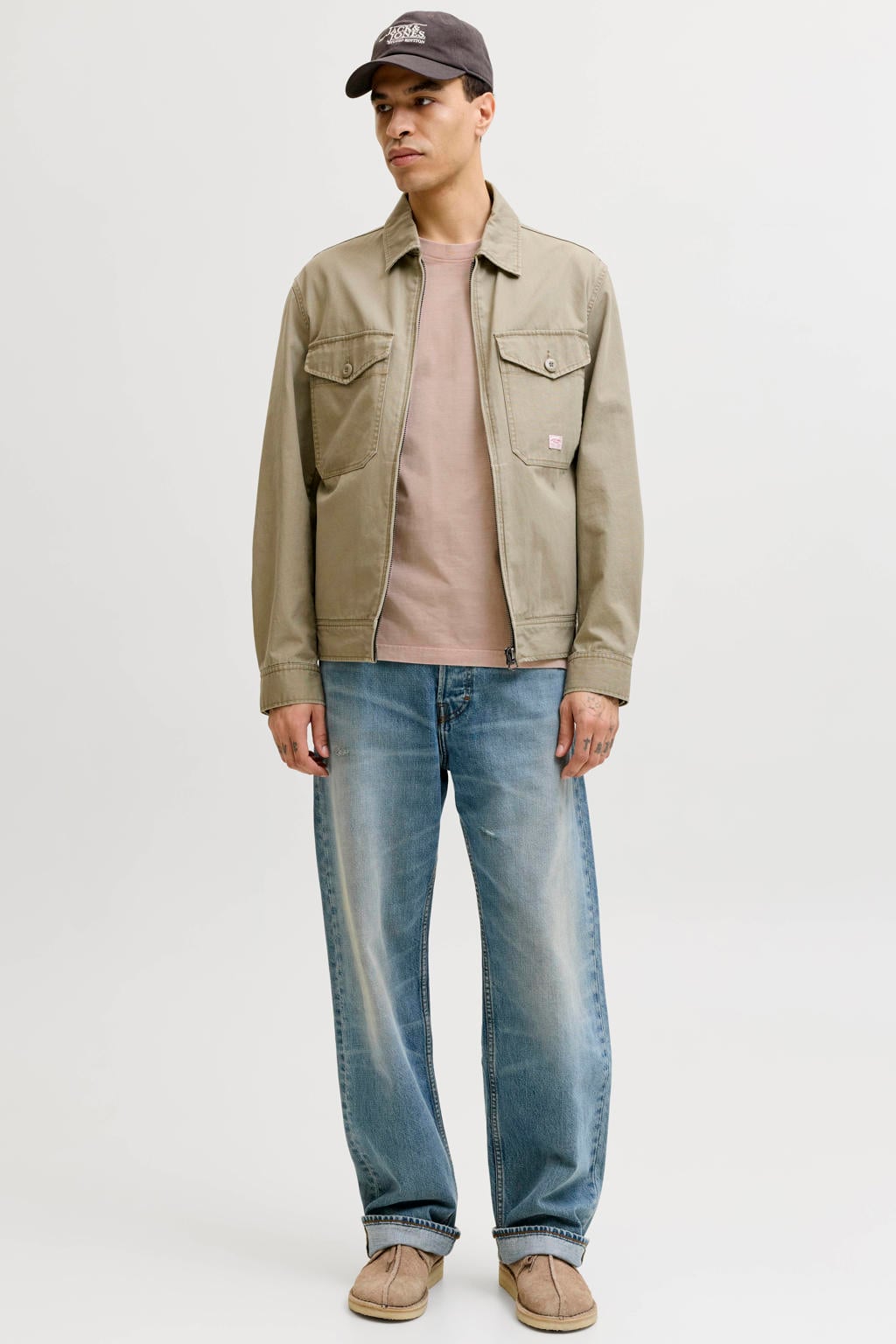 Roze heren JACK & JONES PREMIUM relaxed T-shirt van katoen met effen, korte mouwen en ronde hals