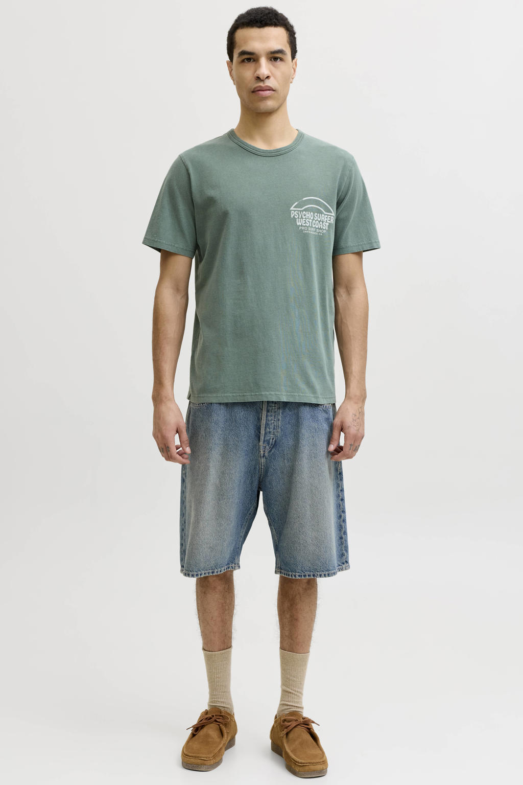 Groene heren JACK & JONES PREMIUM regular T-shirt van katoen met backprint, korte mouwen en ronde hals