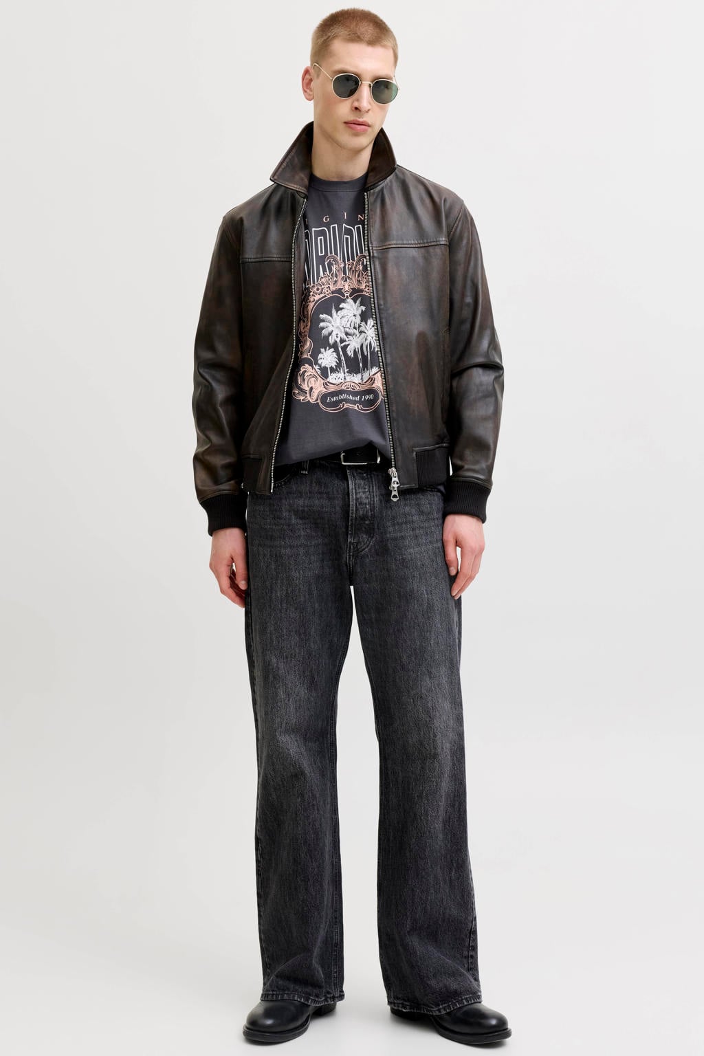 Antraciete heren JACK & JONES ORIGINALS relaxed T-shirt van katoen met printopdruk, korte mouwen en ronde hals