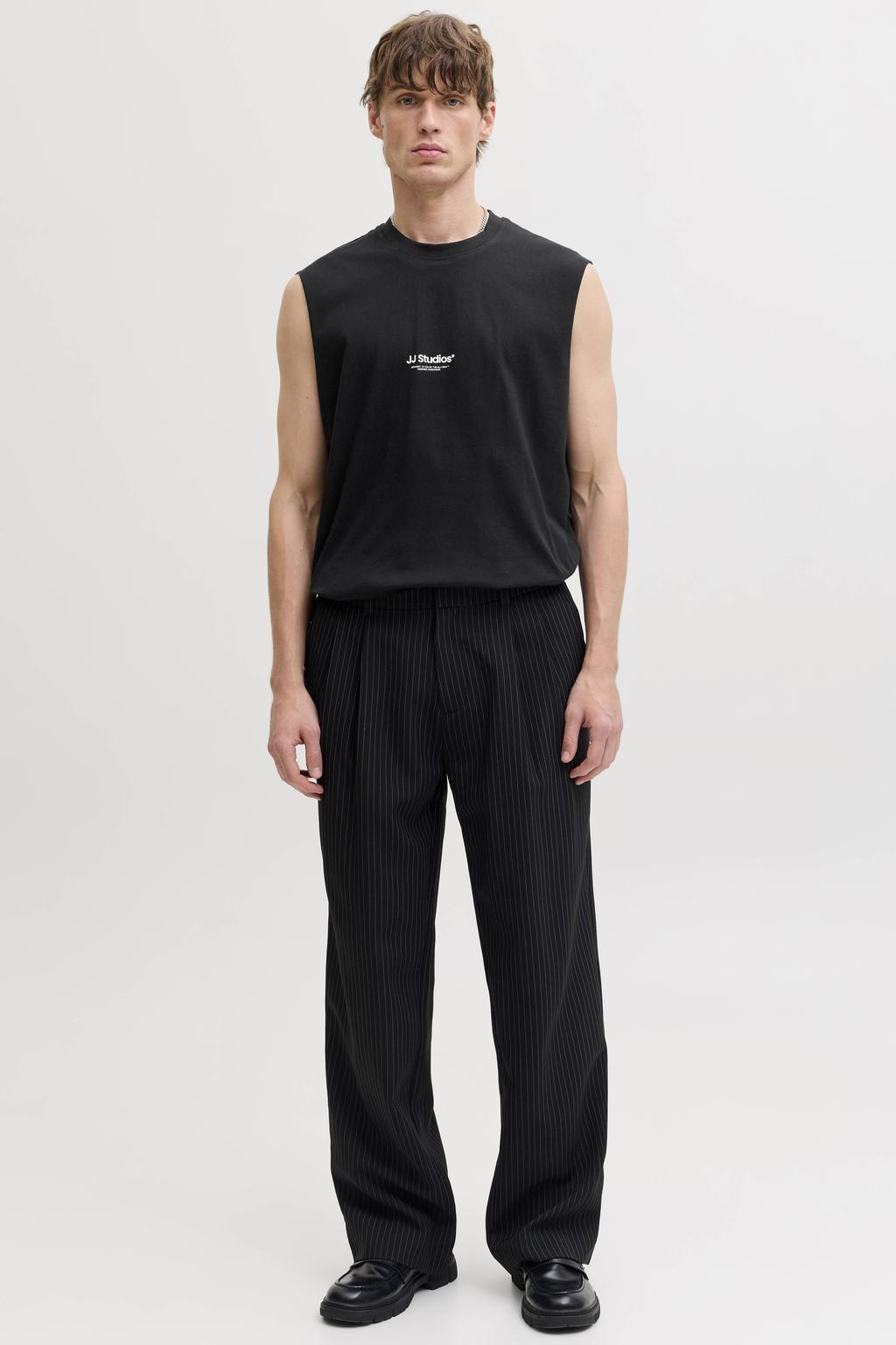 Zwarte heren JACK & JONES ESSENTIALS tanktop van katoen met logo dessin en ronde hals