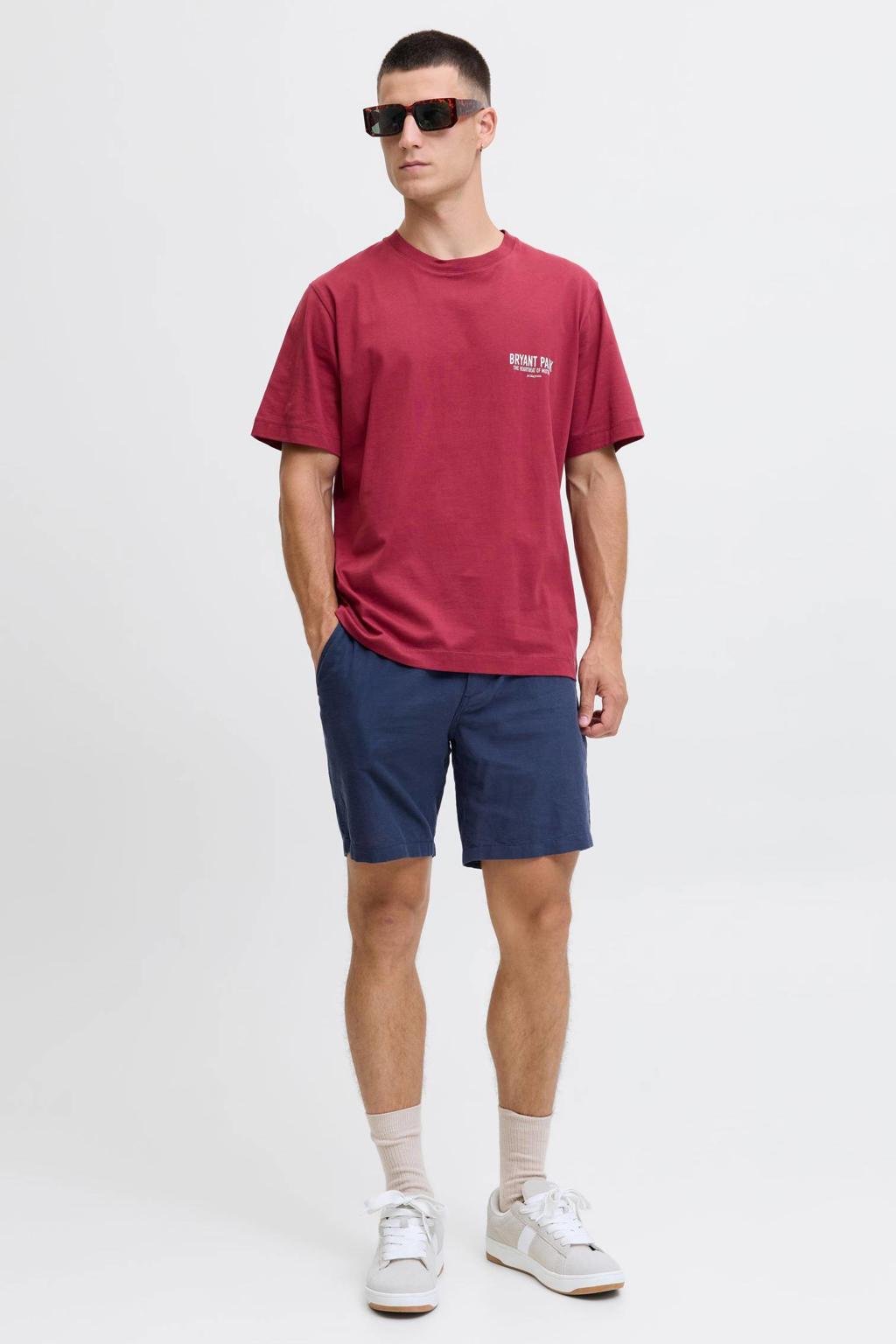 JACK & JONES PANTS STUDIO JPSTACE relaxed chino short met linnen donkerblauw
