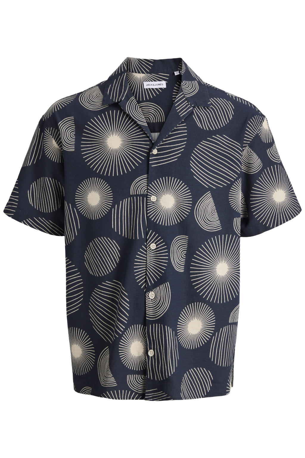 Donkerblauwe heren JACK & JONES loose casual overhemd van katoen met korte mouwen, reverskraag en knoopsluiting