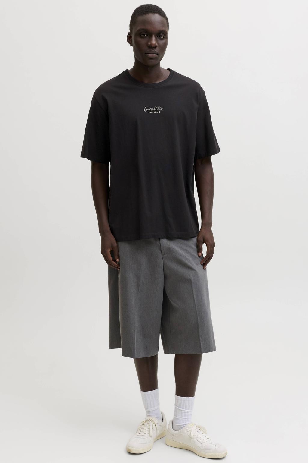 Zwarte heren JACK & JONES oversized T-shirt van katoen met backprint, korte mouwen en ronde hals