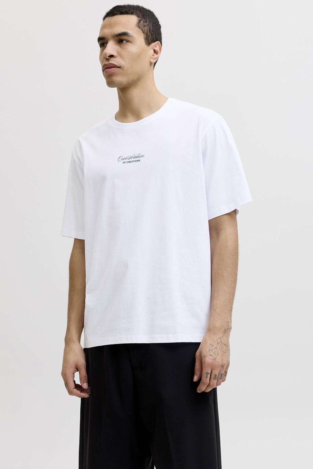 Witte heren JACK & JONES oversized T-shirt van katoen met backprint, korte mouwen en ronde hals
