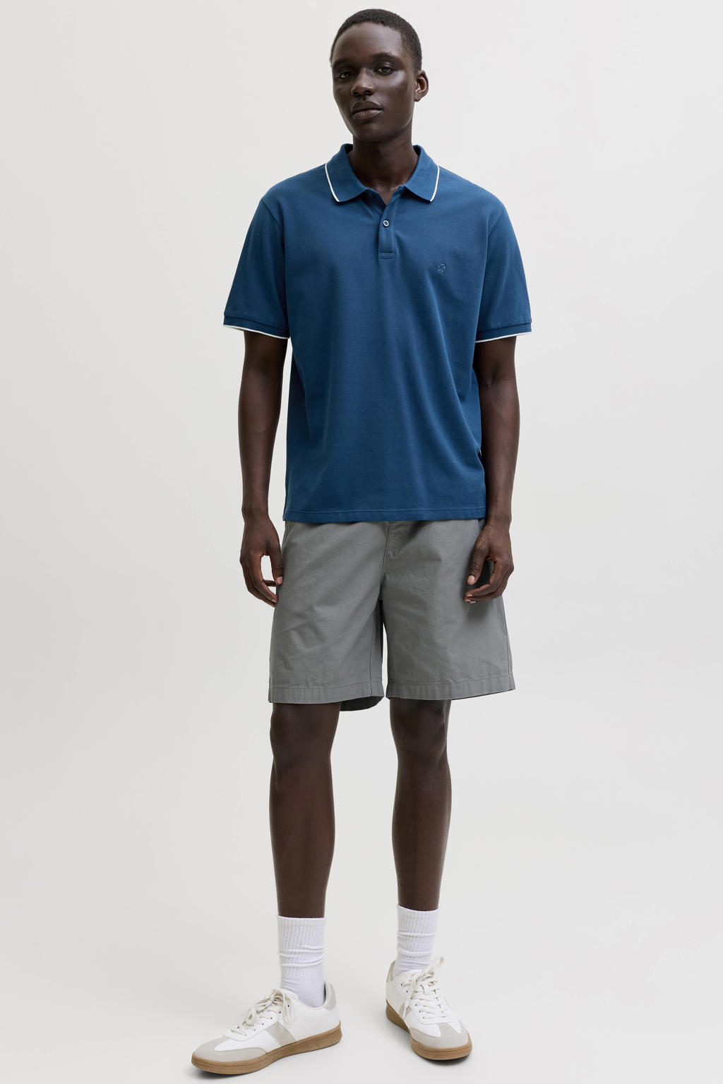 Blauwe heren JACK & JONES PREMIUM regular polo van katoen met effen, korte mouwen, knoopsluiting en borduursels