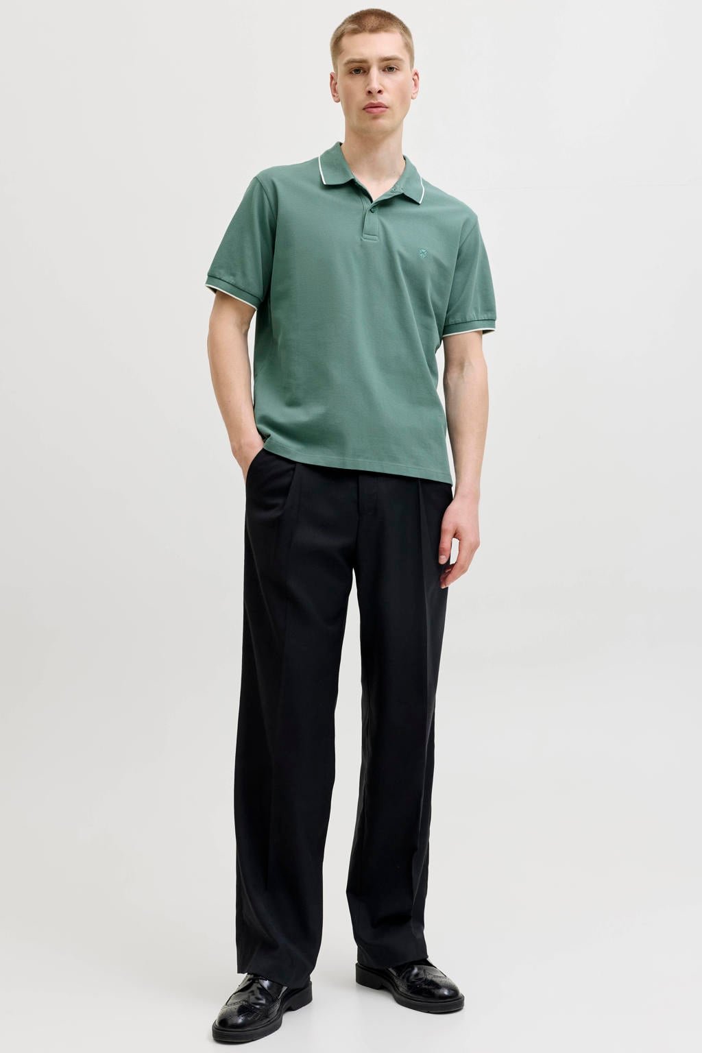 Groene heren JACK & JONES PREMIUM regular polo van katoen met effen, korte mouwen, knoopsluiting en borduursels