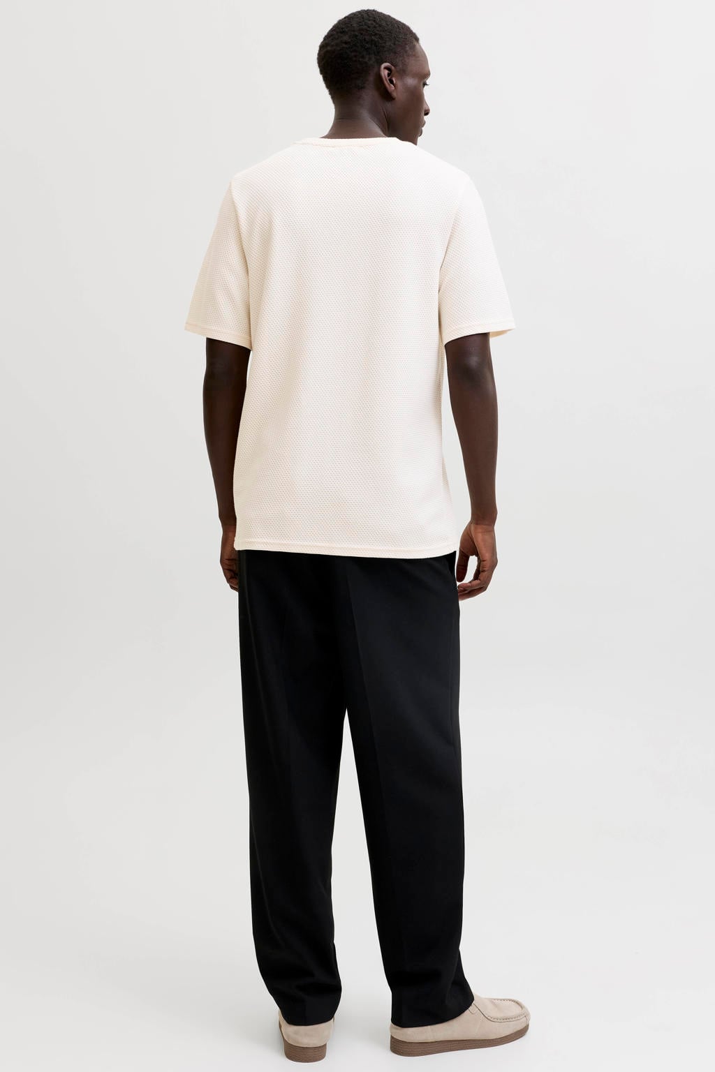 Ecru heren JACK & JONES PREMIUM regular T-shirt van katoen met effen, korte mouwen, ronde hals en borduursels