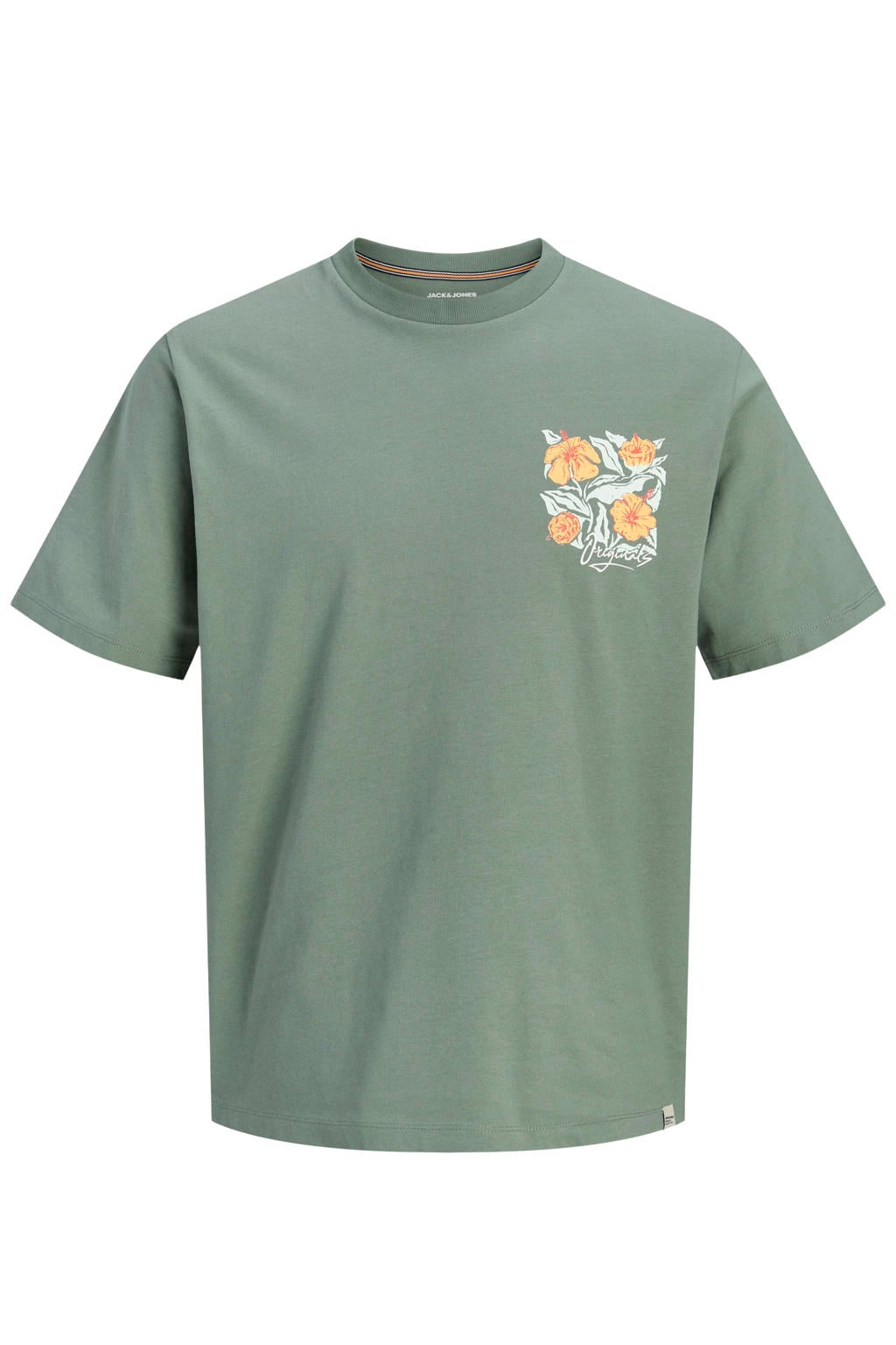 Groene heren JACK & JONES ORIGINALS regular T-shirt van katoen met backprint, korte mouwen en ronde hals