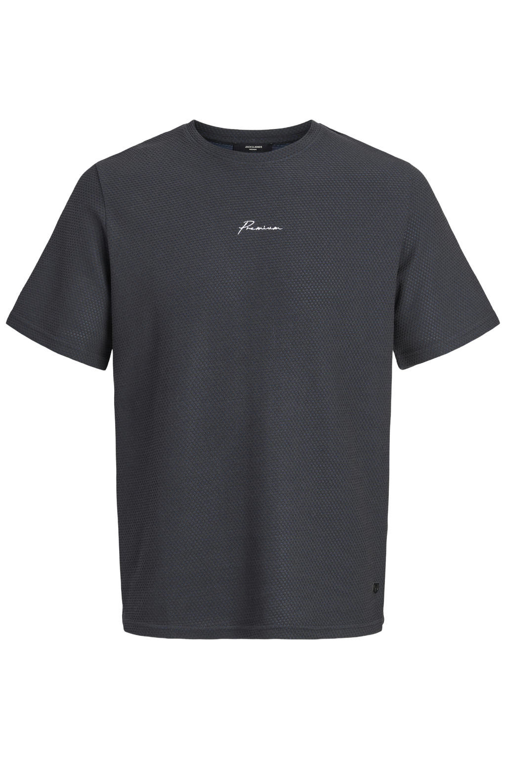 Donkerblauwe heren JACK & JONES PREMIUM regular T-shirt van katoen met effen, korte mouwen, ronde hals en borduursels