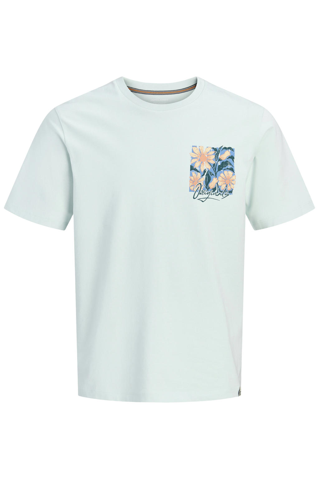 Mintgroene heren JACK & JONES ORIGINALS regular T-shirt van katoen met backprint, korte mouwen en ronde hals