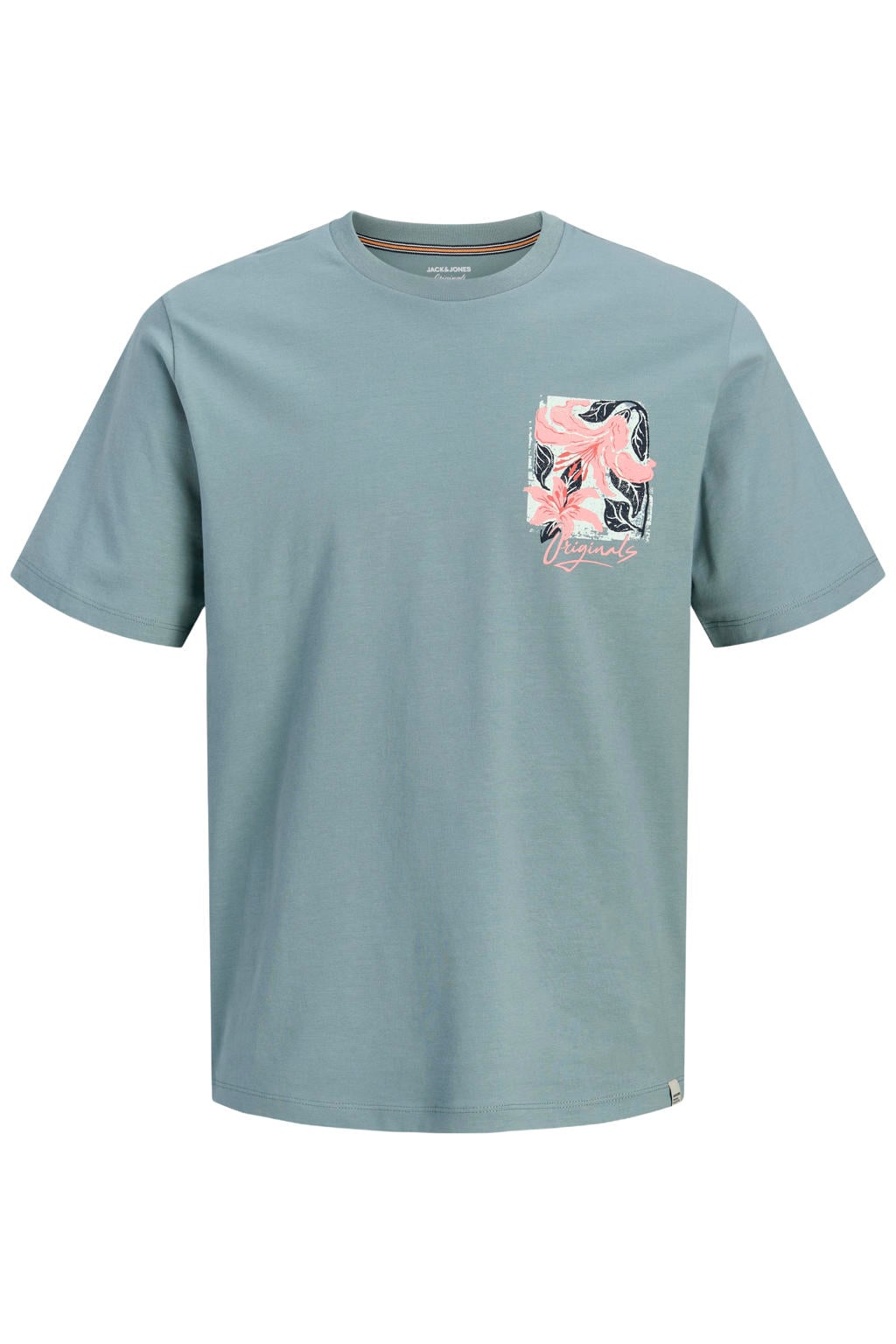 Grijsgroene heren JACK & JONES ORIGINALS regular T-shirt groen van katoen met backprint en korte mouwen
