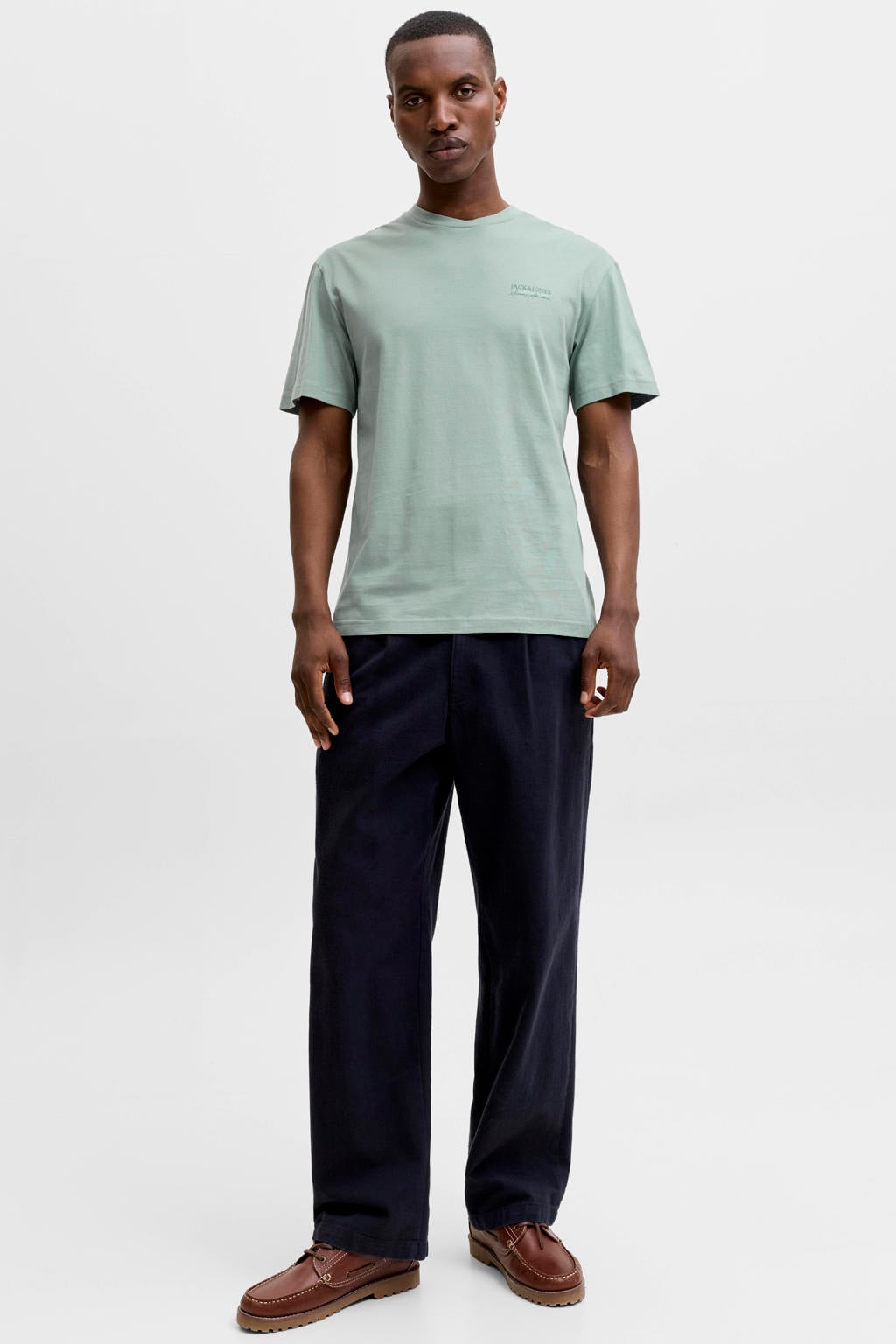 Groene heren JACK & JONES regular T-shirt van katoen met backprint, korte mouwen en ronde hals