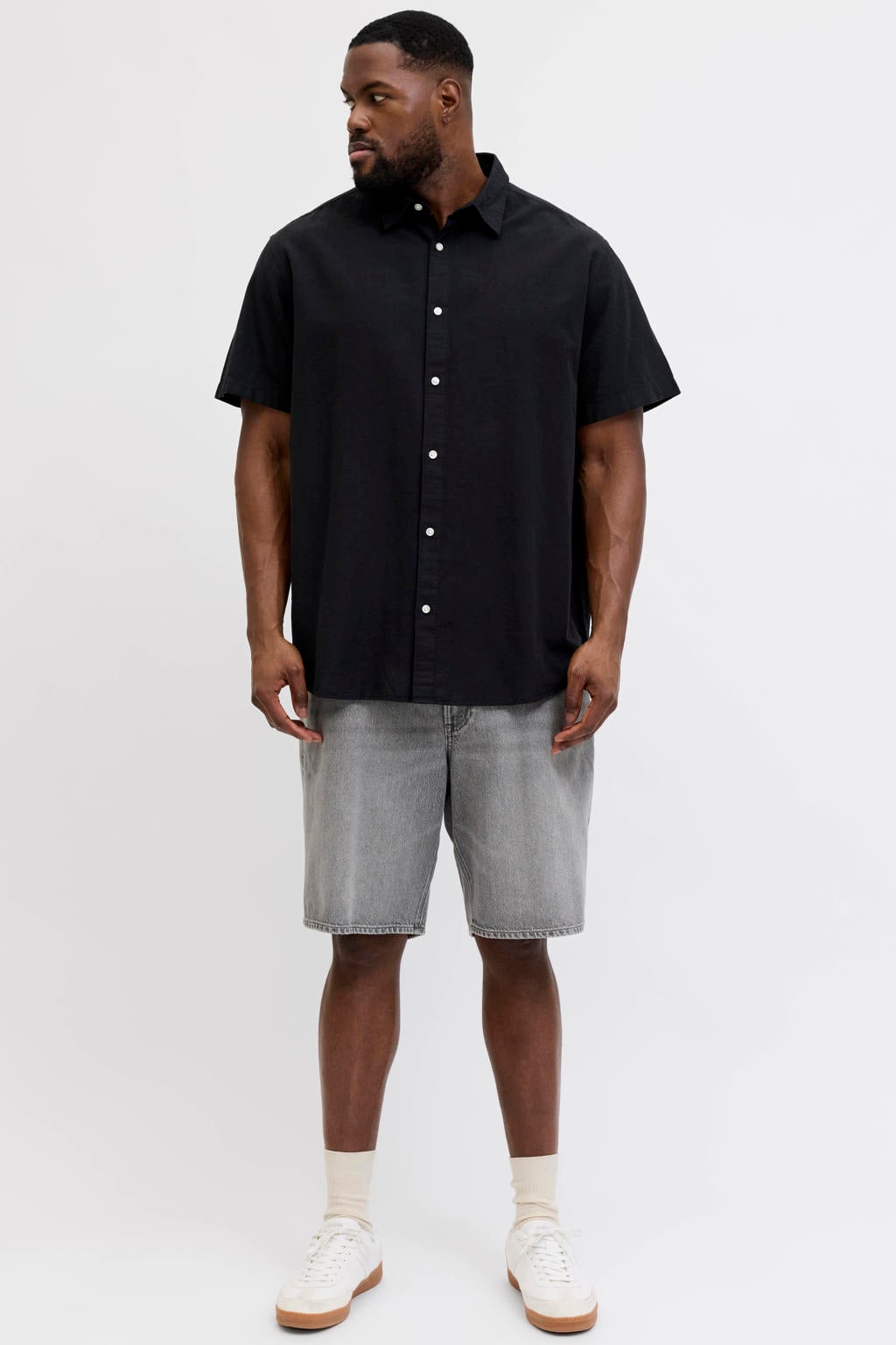JACK & JONES PLUS SIZE regular casual overhemd met linnen zwart