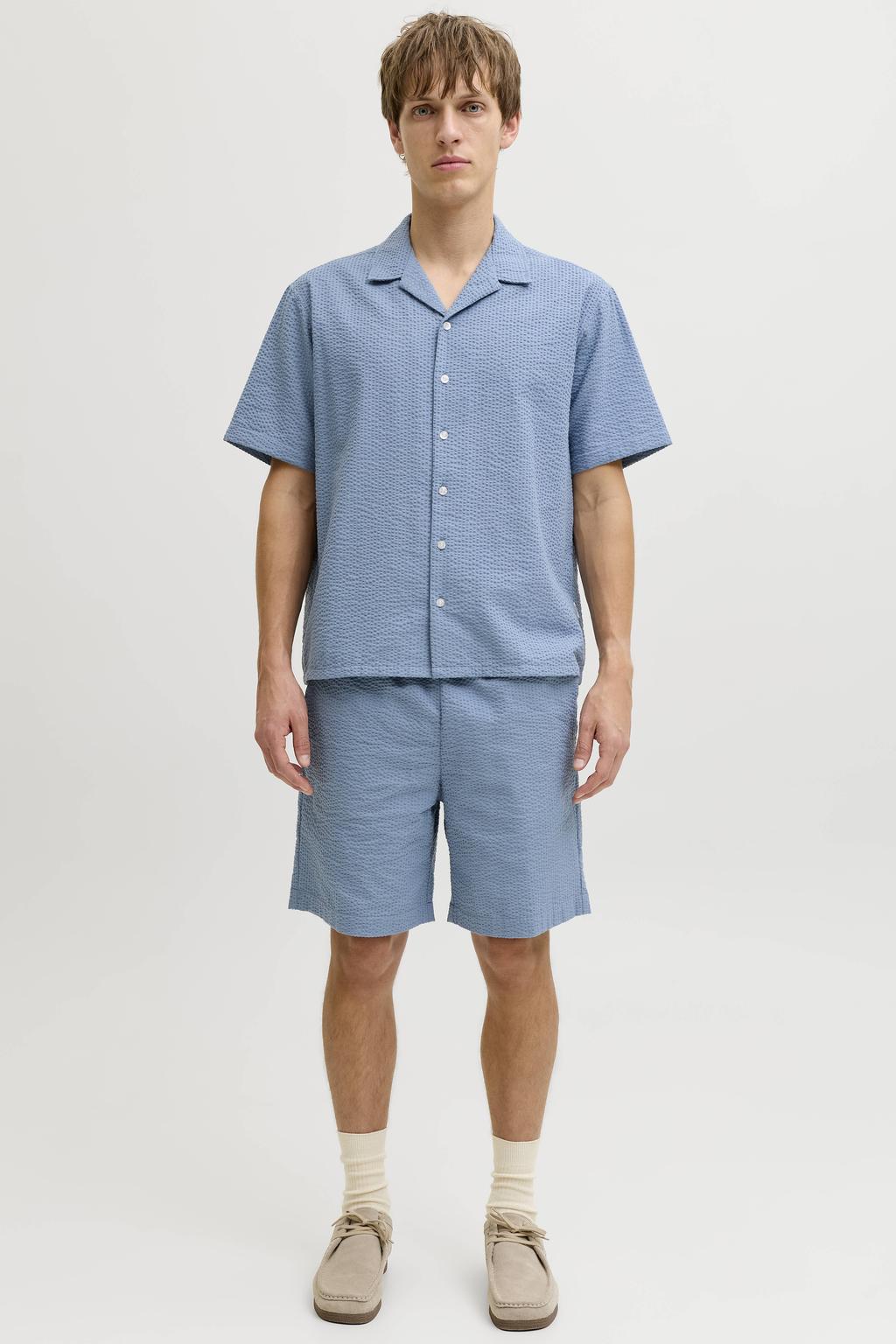 Blauwe heren JJ REBEL relaxed casual overhemd van polyester met effen, korte mouwen, reverskraag en knoopsluiting