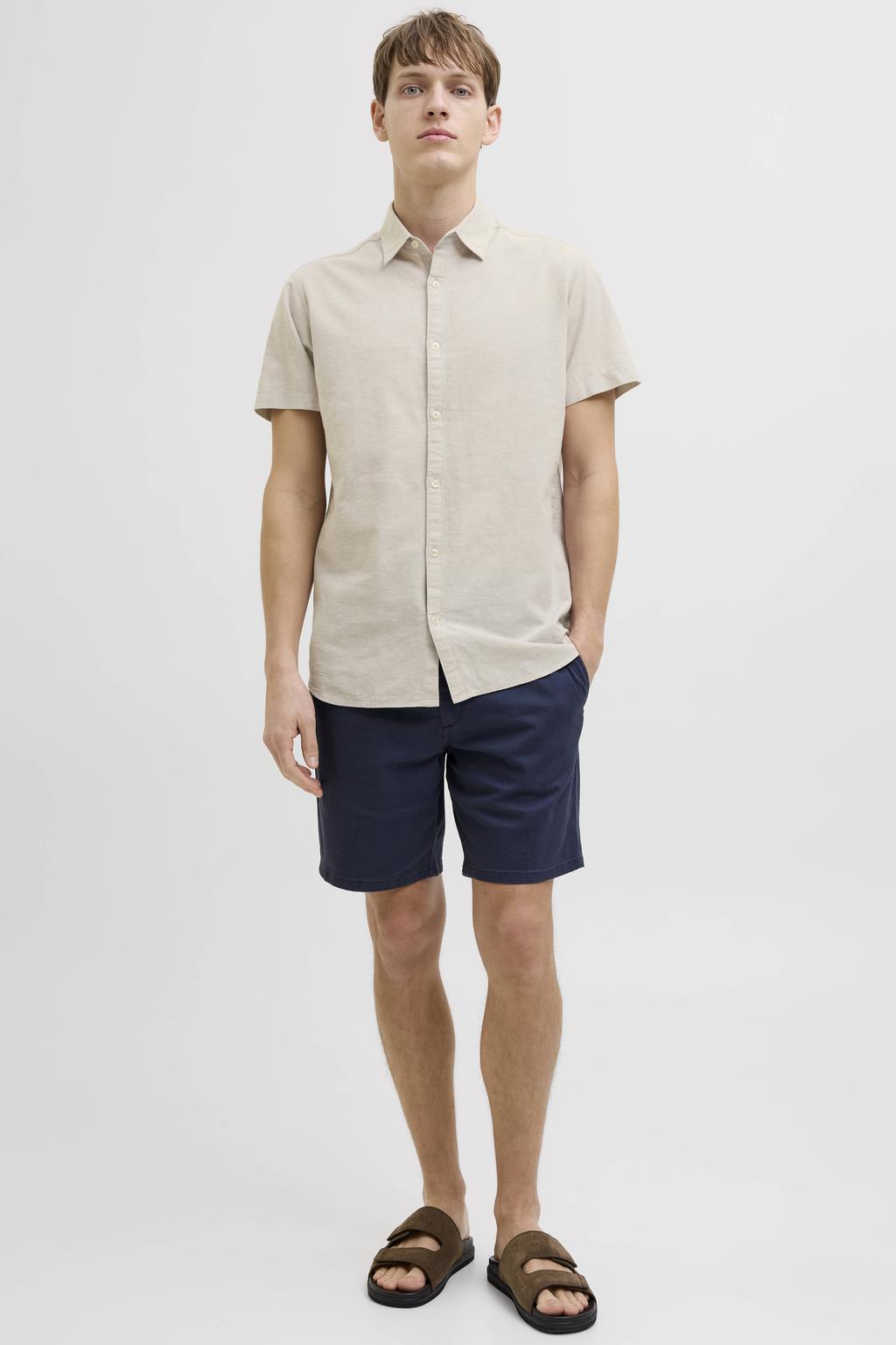 Beige heren JJ REBEL comfort casual overhemd van linnen met effen, korte mouwen, klassieke kraag, knoopsluiting en geweven detail