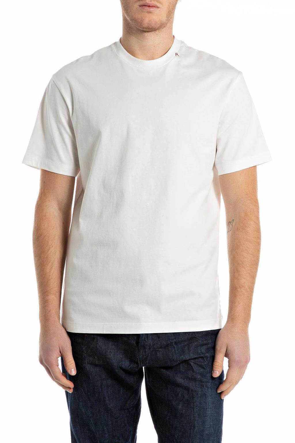 Witte heren REPLAY regular T-shirt van katoen met backprint, korte mouwen en ronde hals
